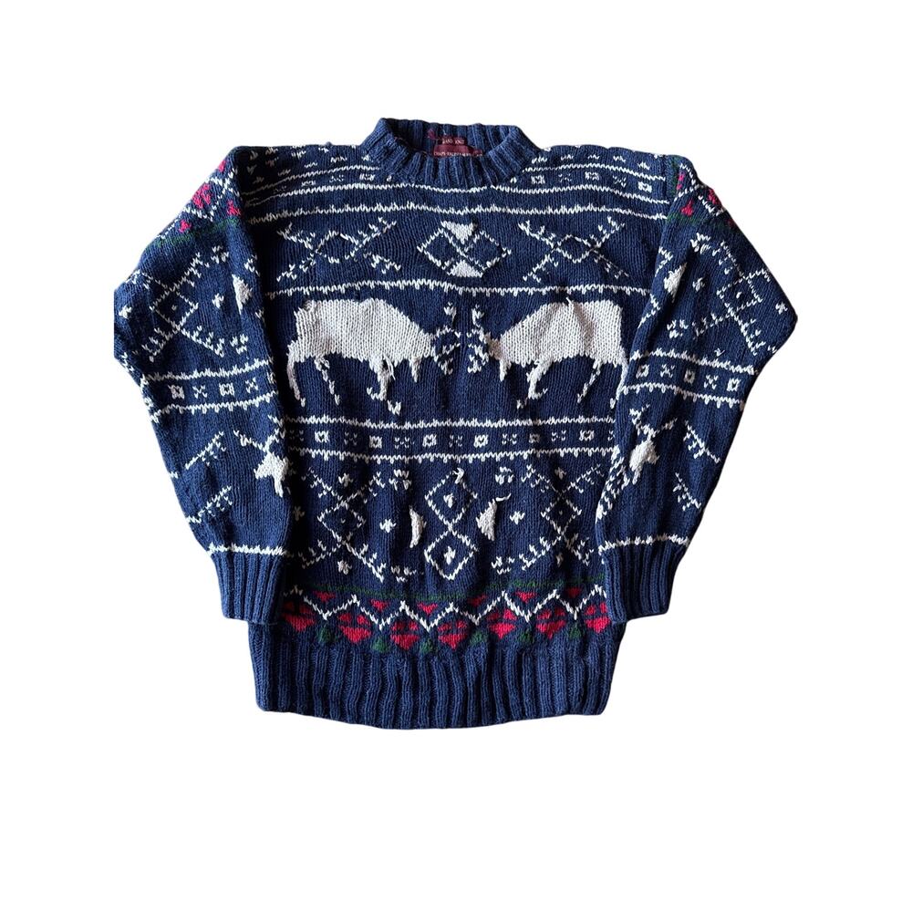 Chaps Ralph Lauren Christmas Reindeer Hand Knit Cotton Linen Navy XL Sweater